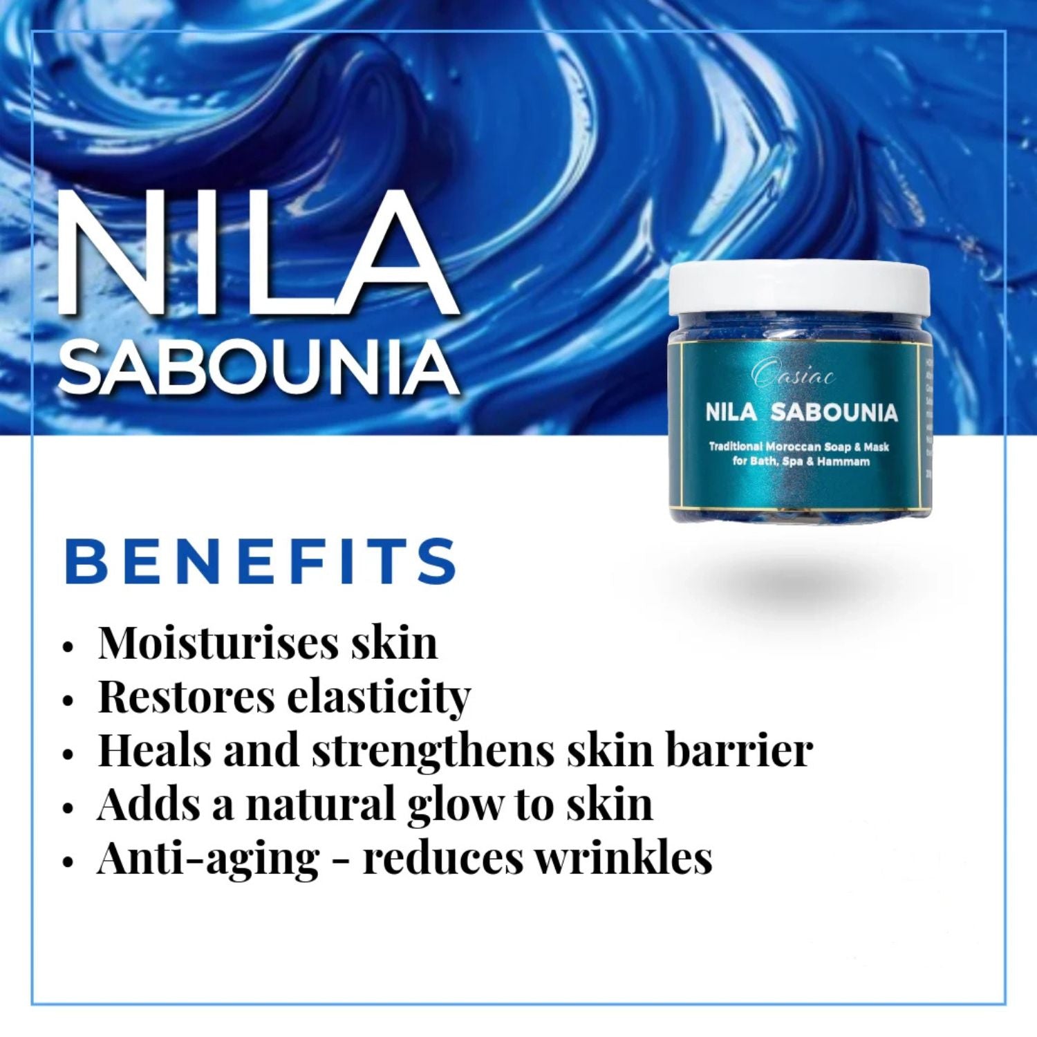 Nila Sabounia skincare product with benefits listed on a blue background