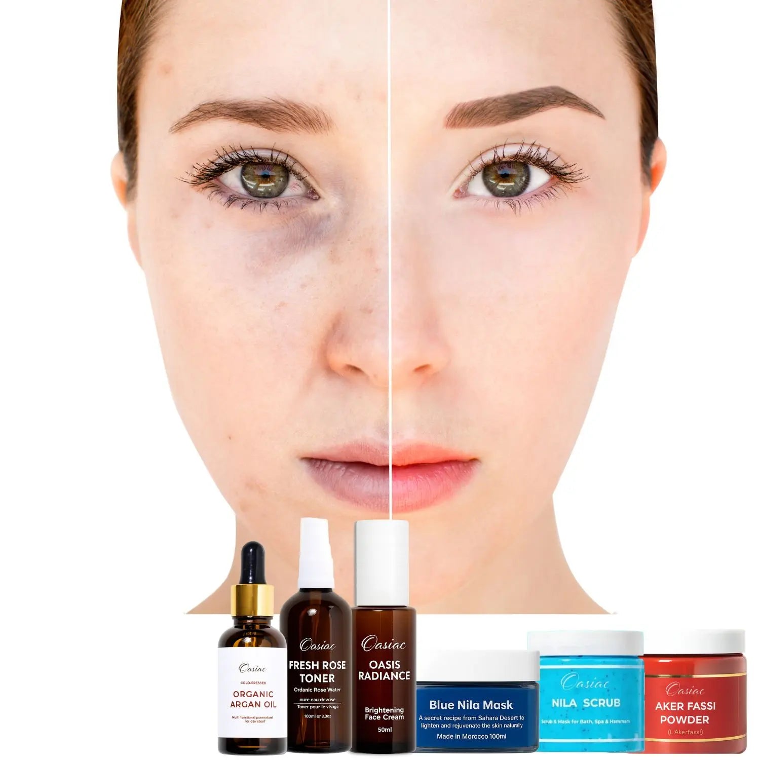 Cosmetic products with a split image of a face before and after use.