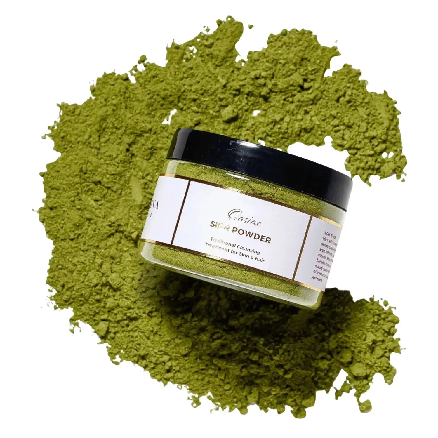 Jar of Sidr Powder with green powder around it on a white background