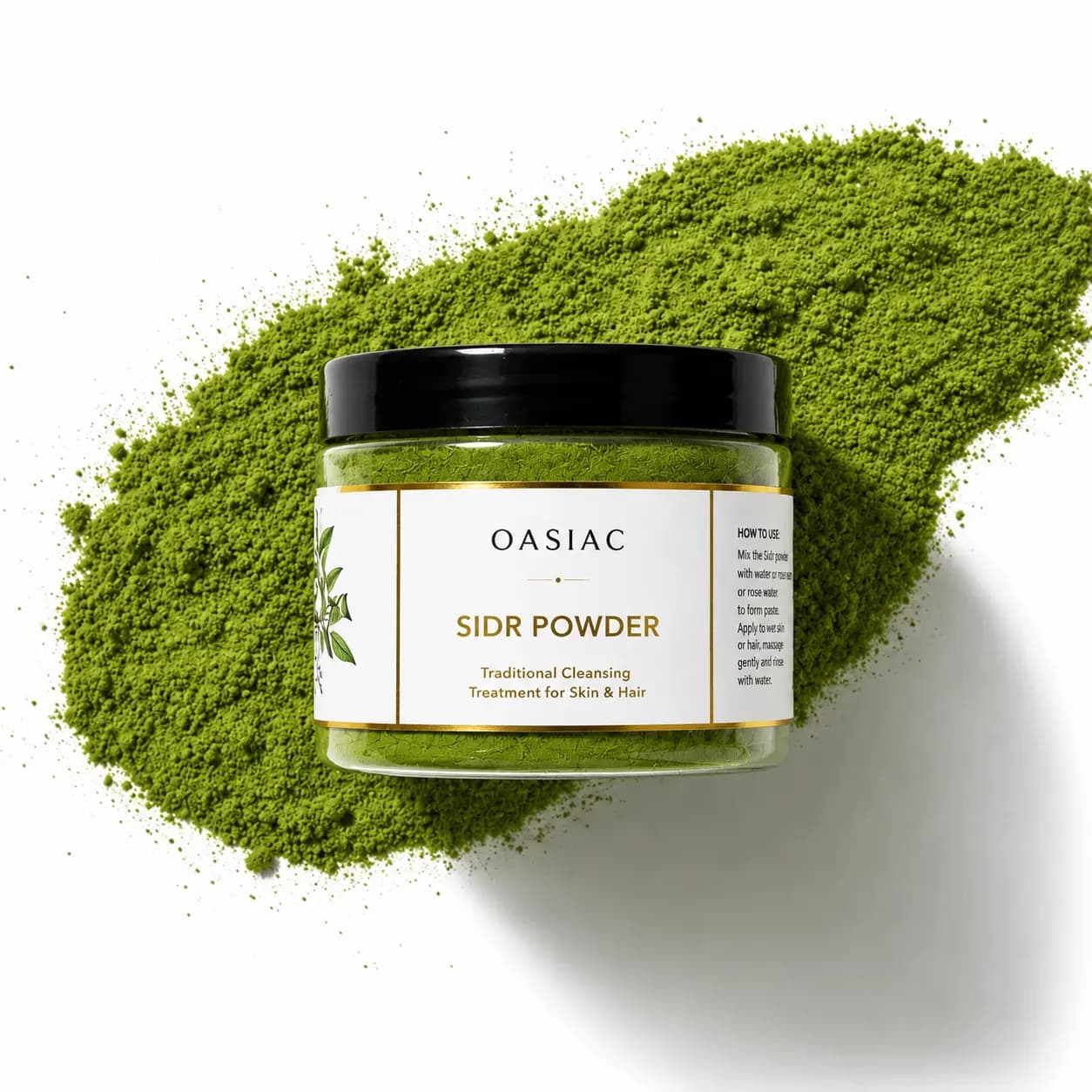 OASIAC Sidr powder jar with green powder beside it
