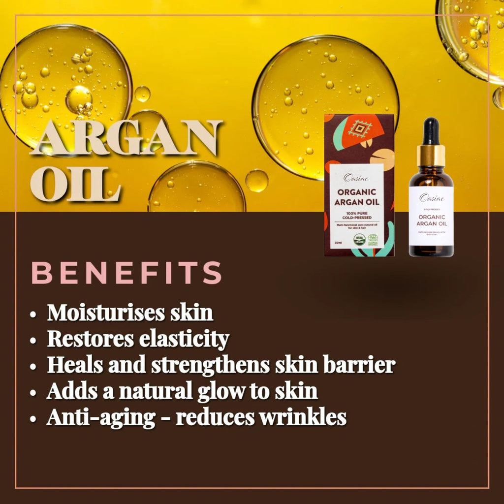 Promotional image of organic argan oil with benefits listed on a yellow and brown background.