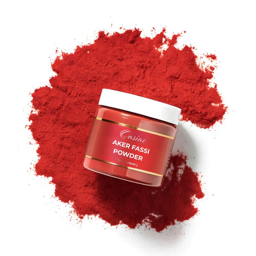 Jar of red powder with visible brand name on a white background