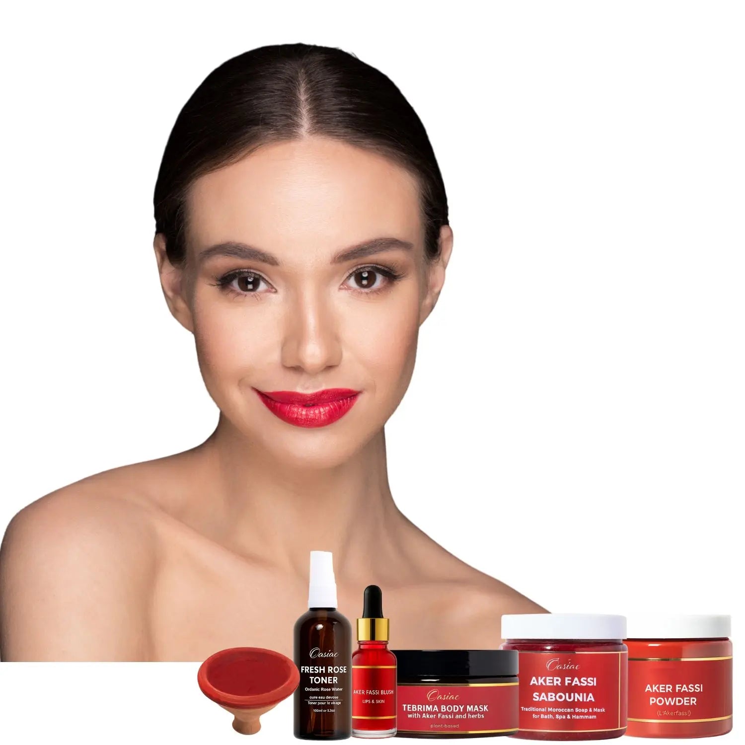 Woman with red lipstick and skincare products on a white background