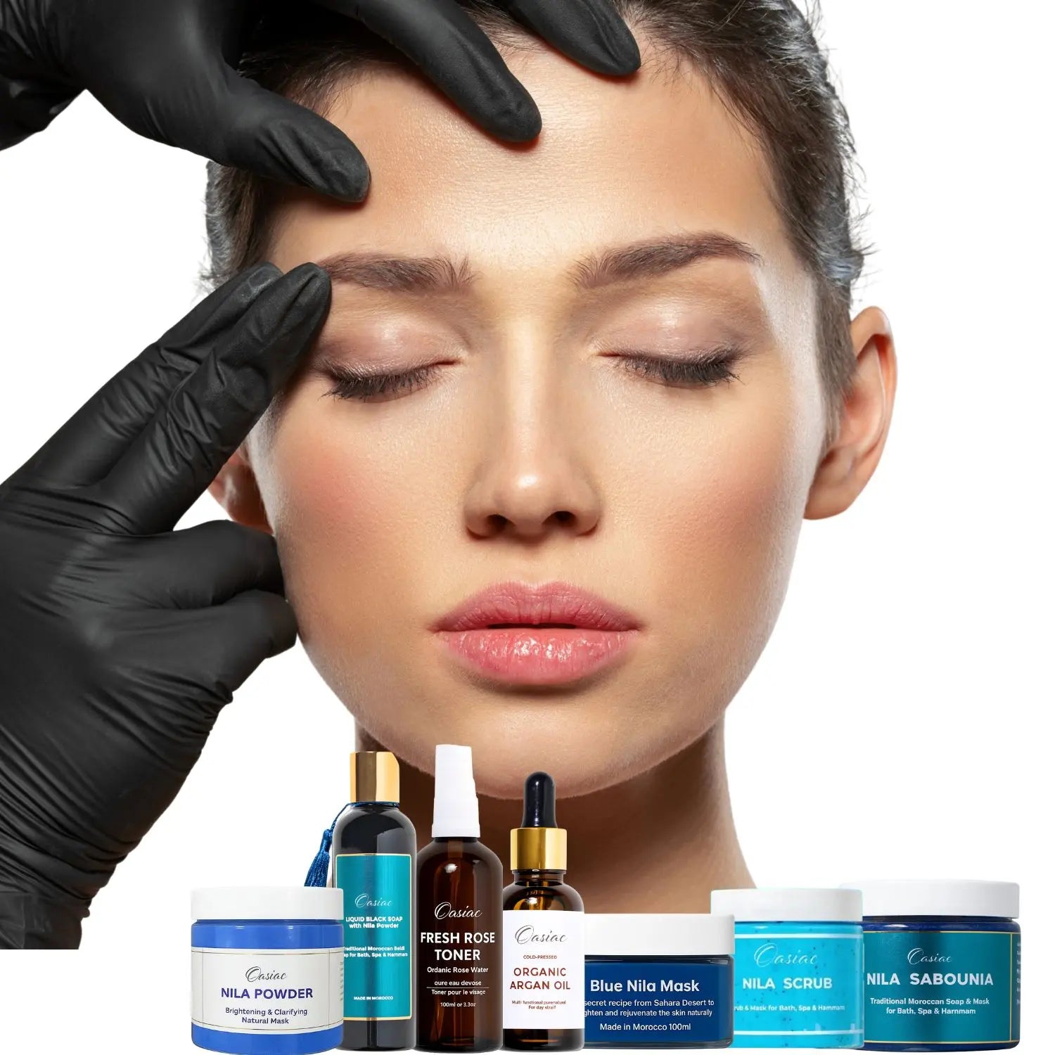 Woman with closed eyes, black gloves touching her face, and skincare products displayed below.