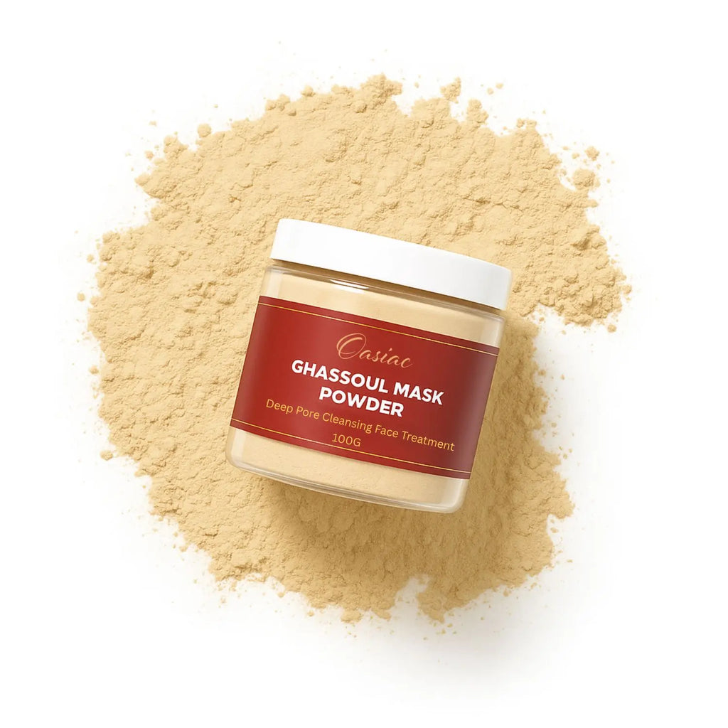 Jar of Ghassoul Mask Powder with a red label on a white background