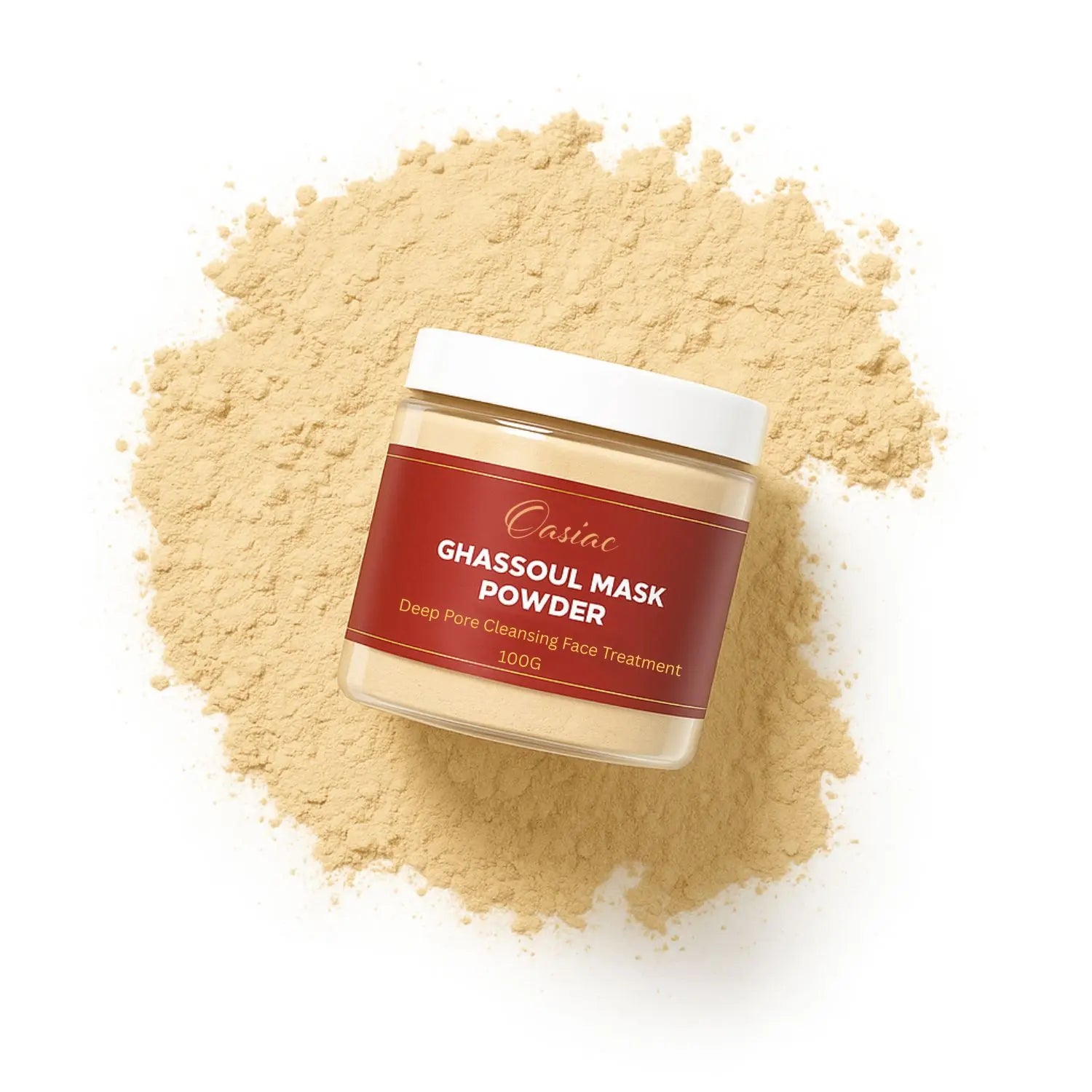 Jar of Ghassoul Mask Powder with a red label on a white background