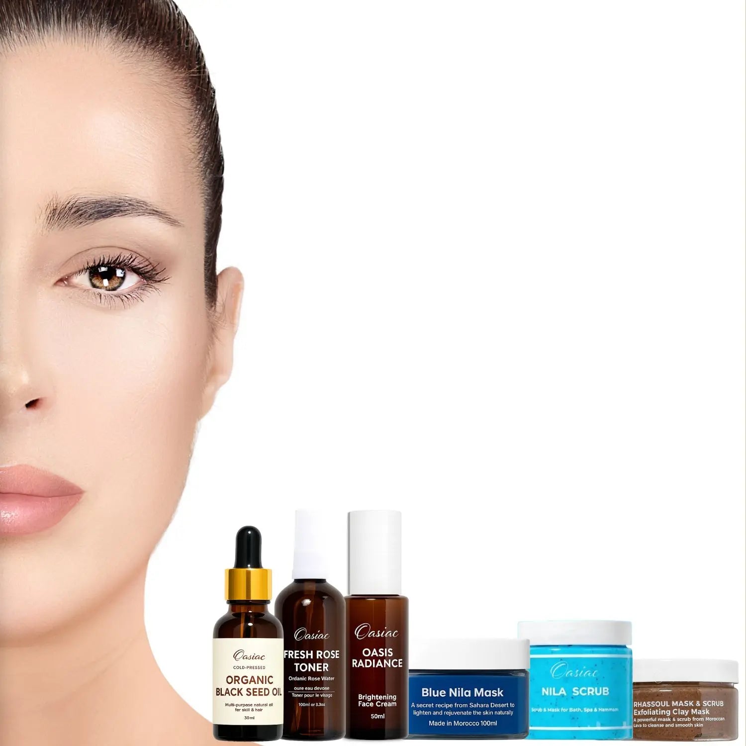Skincare products displayed with a close-up of a woman's face.